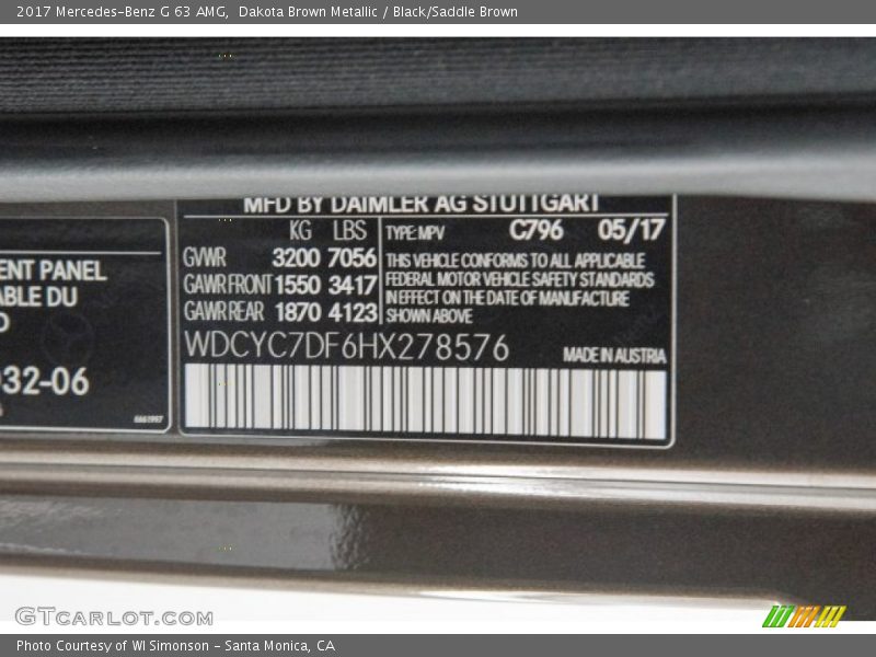 2017 G 63 AMG Dakota Brown Metallic Color Code 796