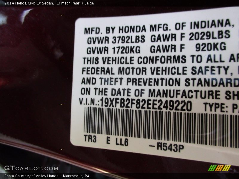 Crimson Pearl / Beige 2014 Honda Civic EX Sedan