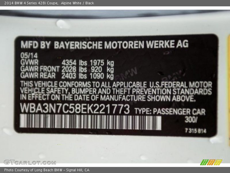 Alpine White / Black 2014 BMW 4 Series 428i Coupe