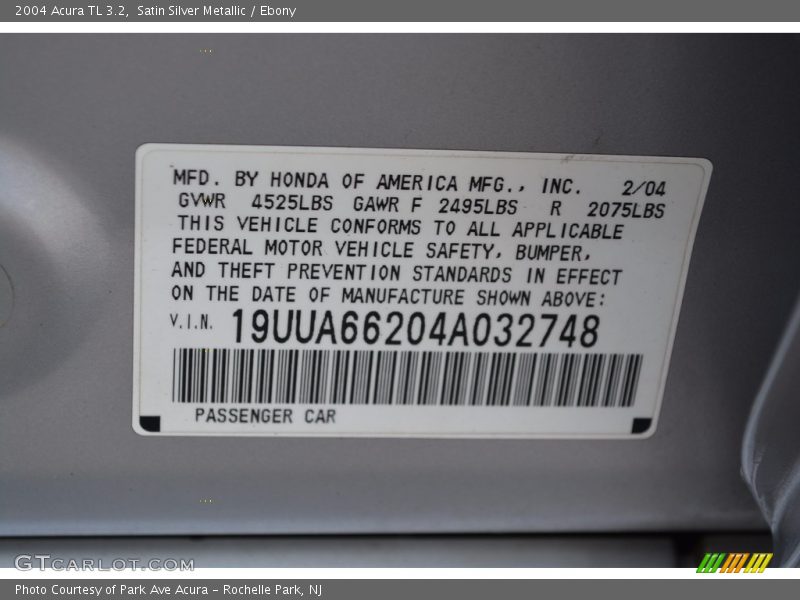 Satin Silver Metallic / Ebony 2004 Acura TL 3.2