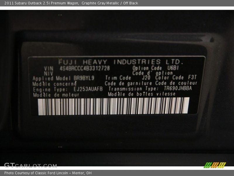 Graphite Gray Metallic / Off Black 2011 Subaru Outback 2.5i Premium Wagon