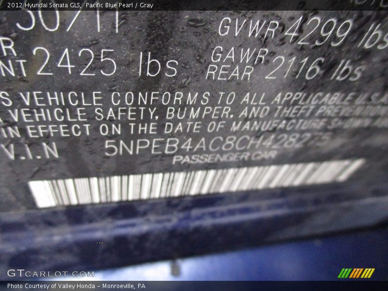 Pacific Blue Pearl / Gray 2012 Hyundai Sonata GLS
