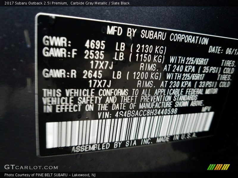 Carbide Gray Metallic / Slate Black 2017 Subaru Outback 2.5i Premium