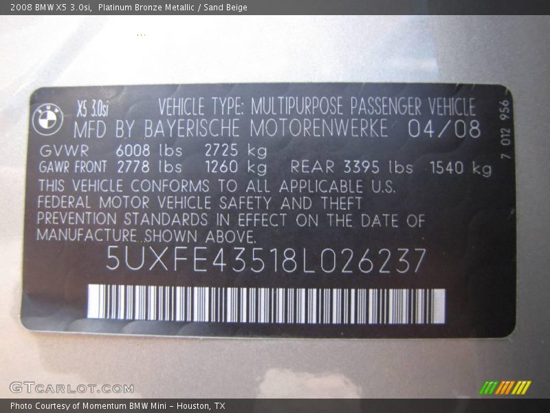 Platinum Bronze Metallic / Sand Beige 2008 BMW X5 3.0si