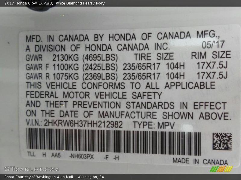 White Diamond Pearl / Ivory 2017 Honda CR-V LX AWD