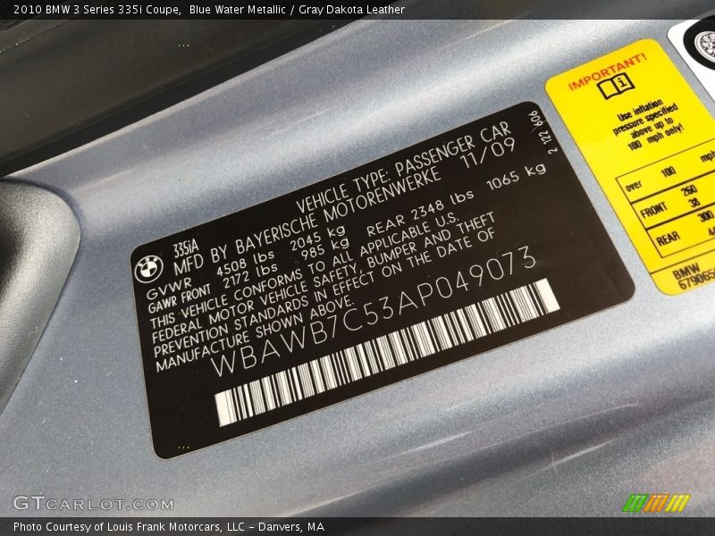 Blue Water Metallic / Gray Dakota Leather 2010 BMW 3 Series 335i Coupe