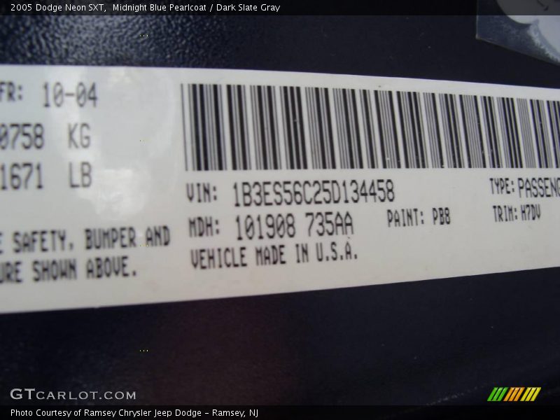 Midnight Blue Pearlcoat / Dark Slate Gray 2005 Dodge Neon SXT