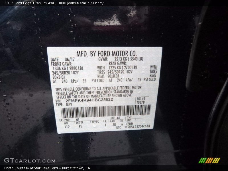 Blue Jeans Metallic / Ebony 2017 Ford Edge Titanium AWD
