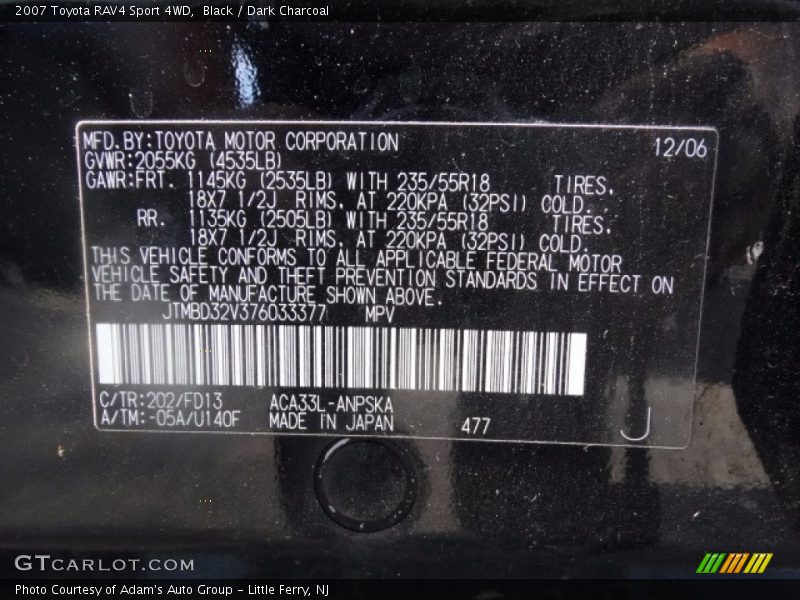 Black / Dark Charcoal 2007 Toyota RAV4 Sport 4WD