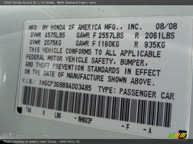 White Diamond Pearl / Ivory 2009 Honda Accord EX-L V6 Sedan