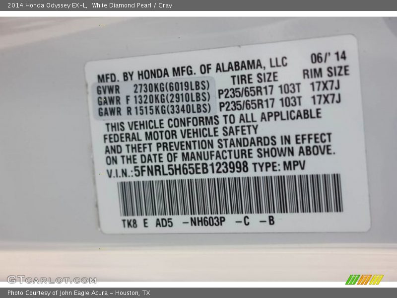 White Diamond Pearl / Gray 2014 Honda Odyssey EX-L