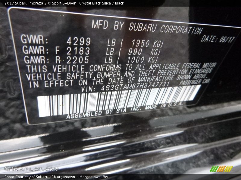 Crystal Black Silica / Black 2017 Subaru Impreza 2.0i Sport 5-Door