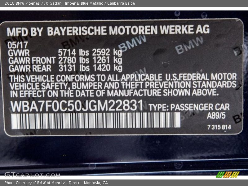 2018 7 Series 750i Sedan Imperial Blue Metallic Color Code A89