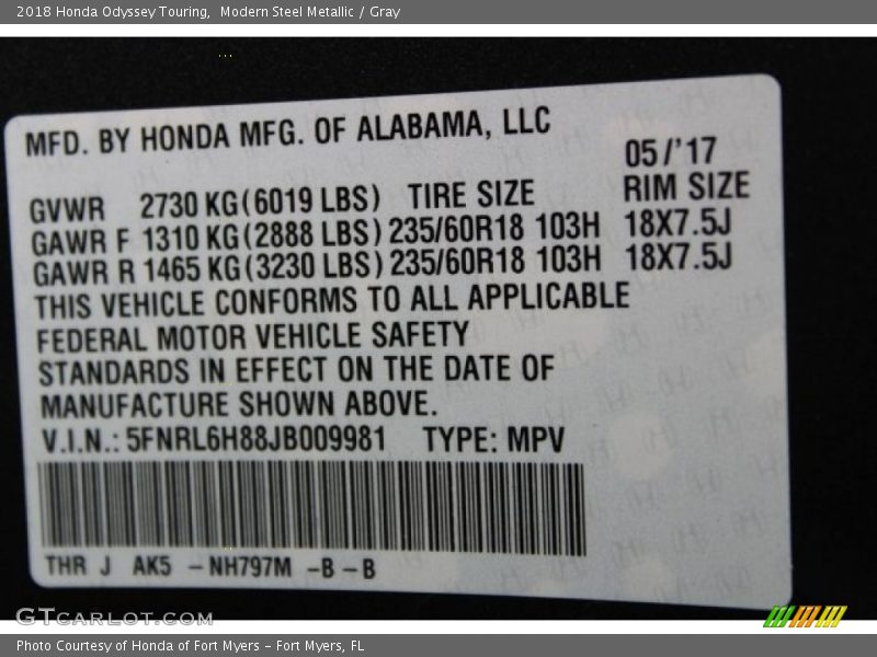 Modern Steel Metallic / Gray 2018 Honda Odyssey Touring