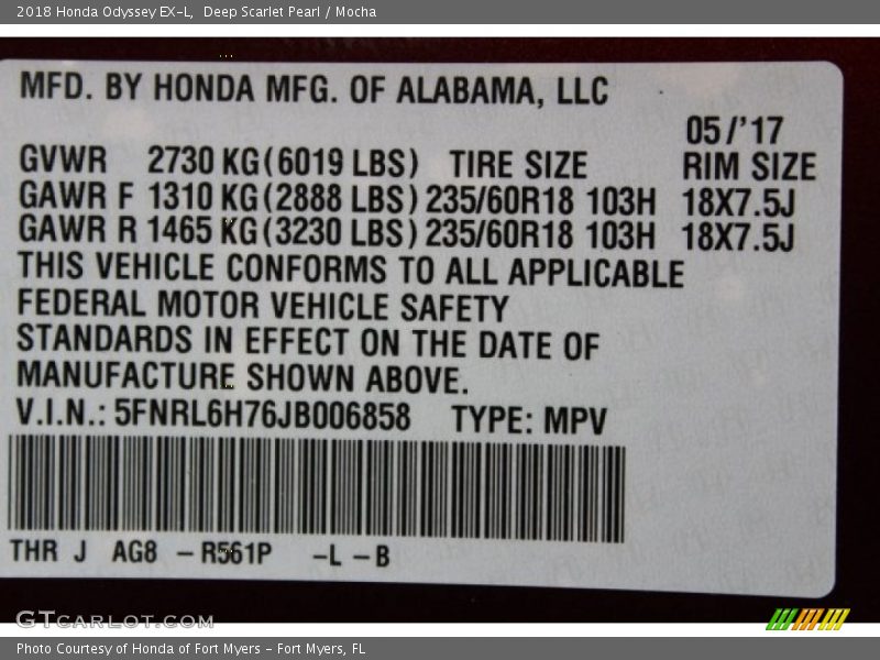 Deep Scarlet Pearl / Mocha 2018 Honda Odyssey EX-L