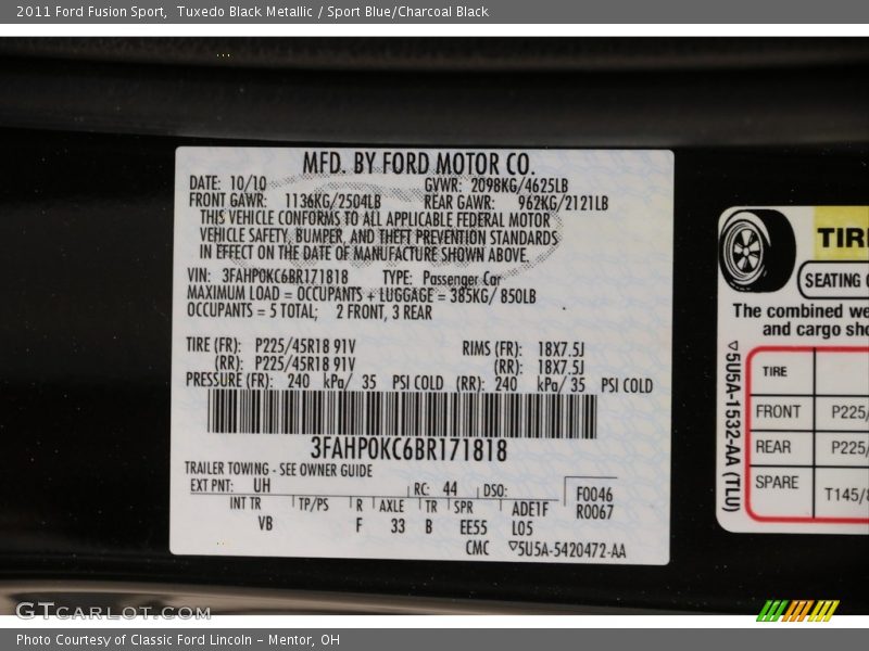 Tuxedo Black Metallic / Sport Blue/Charcoal Black 2011 Ford Fusion Sport