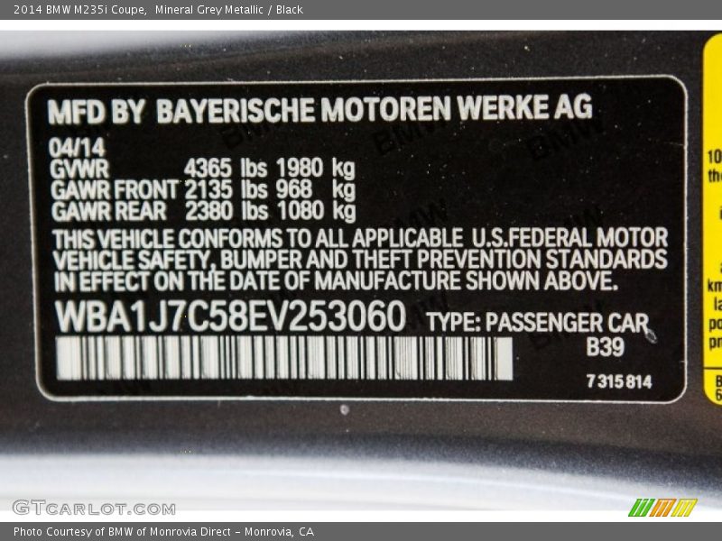 Mineral Grey Metallic / Black 2014 BMW M235i Coupe