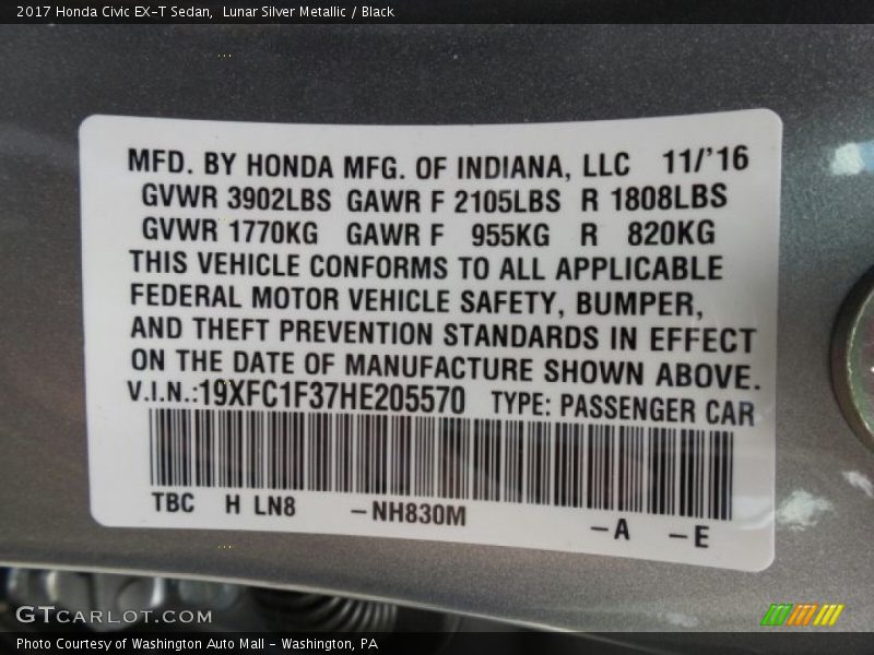 Lunar Silver Metallic / Black 2017 Honda Civic EX-T Sedan