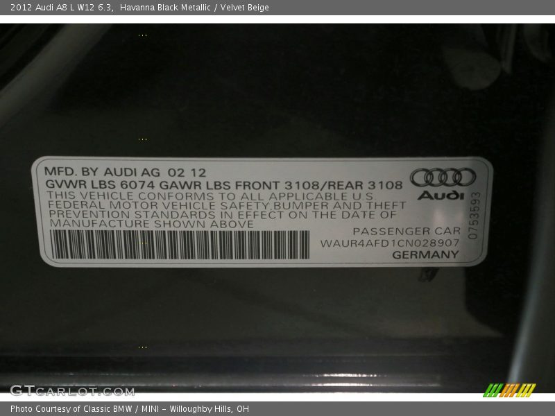 Havanna Black Metallic / Velvet Beige 2012 Audi A8 L W12 6.3