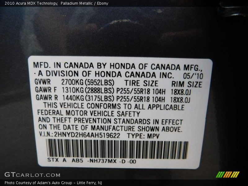 Palladium Metallic / Ebony 2010 Acura MDX Technology