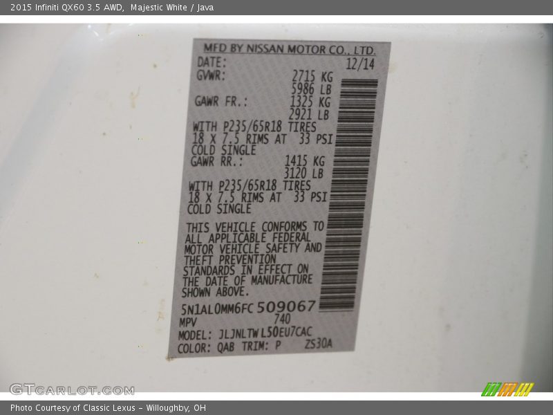 Majestic White / Java 2015 Infiniti QX60 3.5 AWD