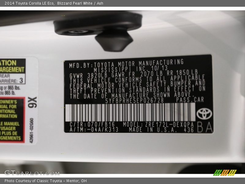 Blizzard Pearl White / Ash 2014 Toyota Corolla LE Eco