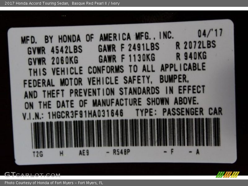 Basque Red Pearl II / Ivory 2017 Honda Accord Touring Sedan
