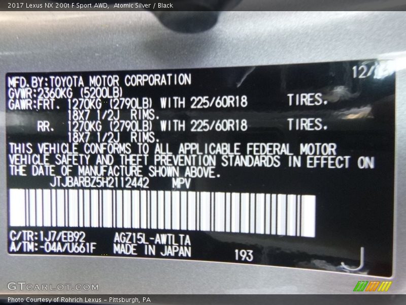 Atomic Silver / Black 2017 Lexus NX 200t F Sport AWD