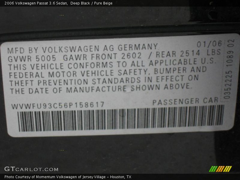 Deep Black / Pure Beige 2006 Volkswagen Passat 3.6 Sedan
