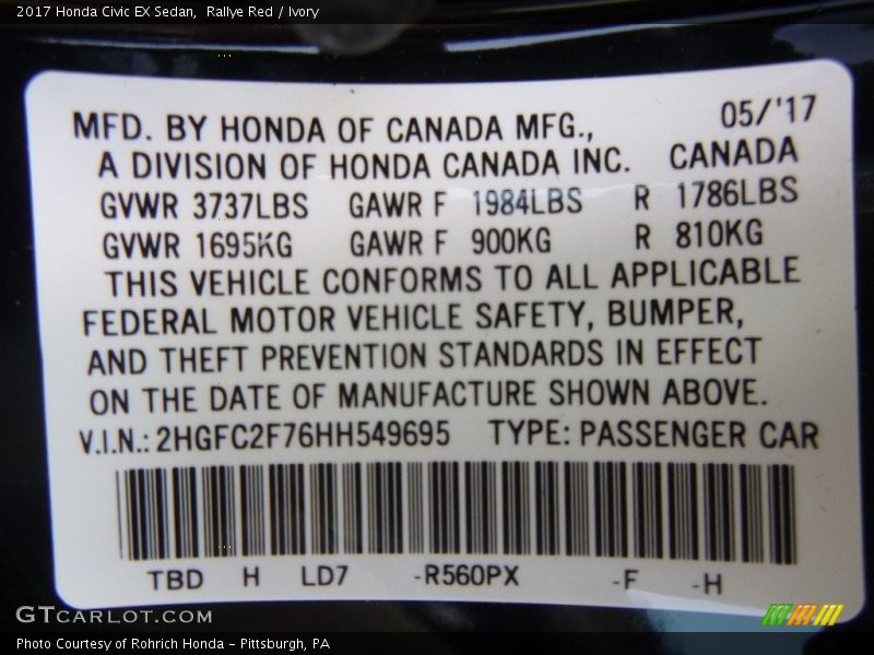 Rallye Red / Ivory 2017 Honda Civic EX Sedan