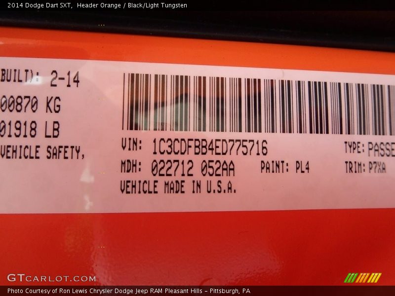 Header Orange / Black/Light Tungsten 2014 Dodge Dart SXT