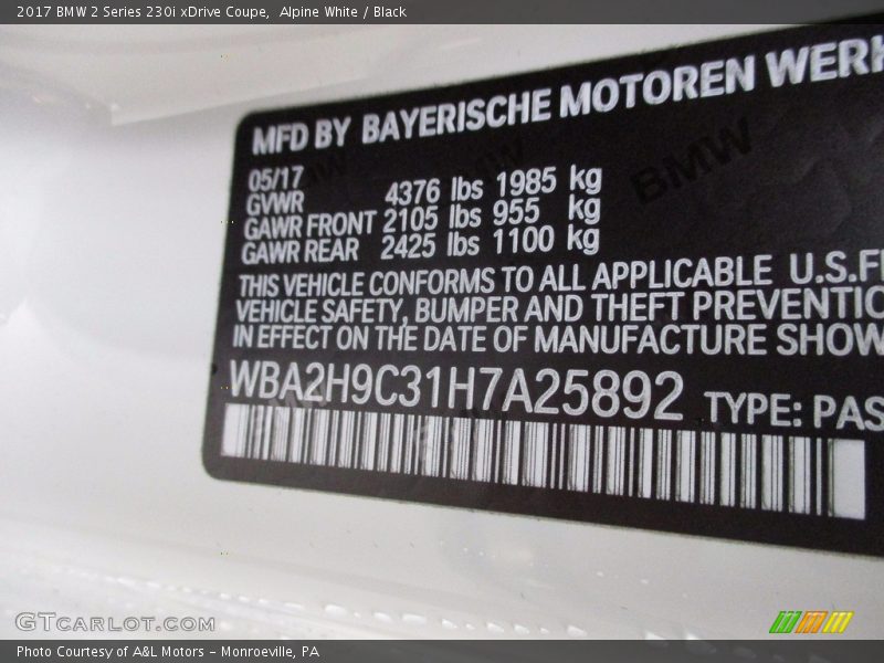 Alpine White / Black 2017 BMW 2 Series 230i xDrive Coupe