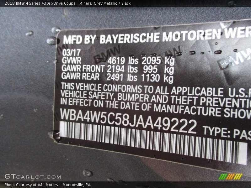 Mineral Grey Metallic / Black 2018 BMW 4 Series 430i xDrive Coupe