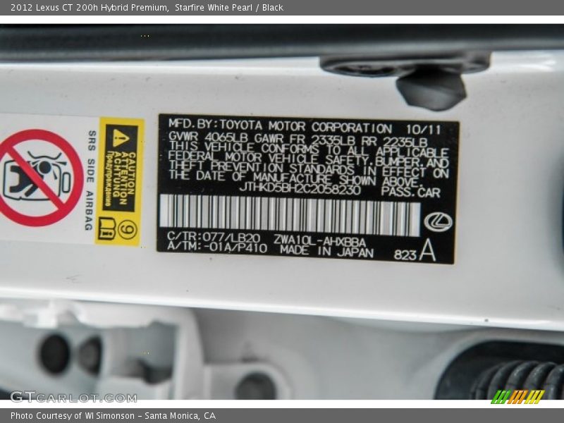 Starfire White Pearl / Black 2012 Lexus CT 200h Hybrid Premium