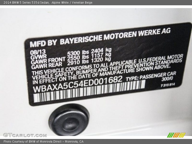 Alpine White / Venetian Beige 2014 BMW 5 Series 535d Sedan