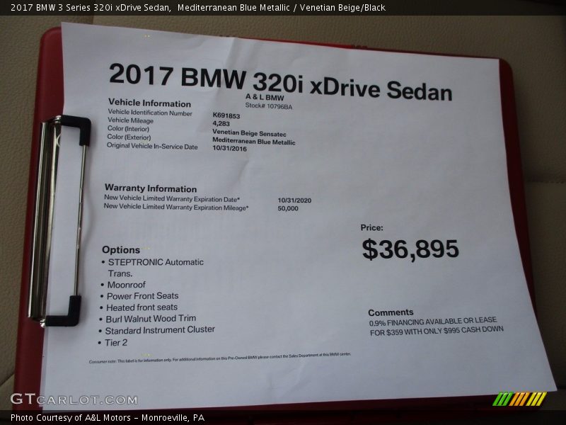 Mediterranean Blue Metallic / Venetian Beige/Black 2017 BMW 3 Series 320i xDrive Sedan