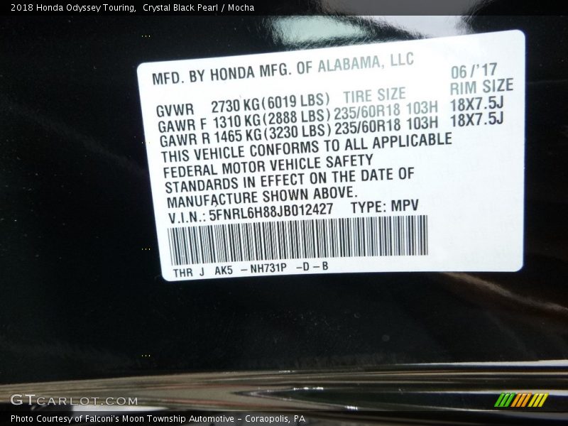 Crystal Black Pearl / Mocha 2018 Honda Odyssey Touring