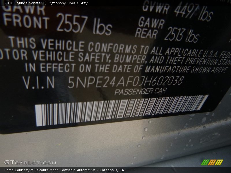 Symphony Silver / Gray 2018 Hyundai Sonata SE