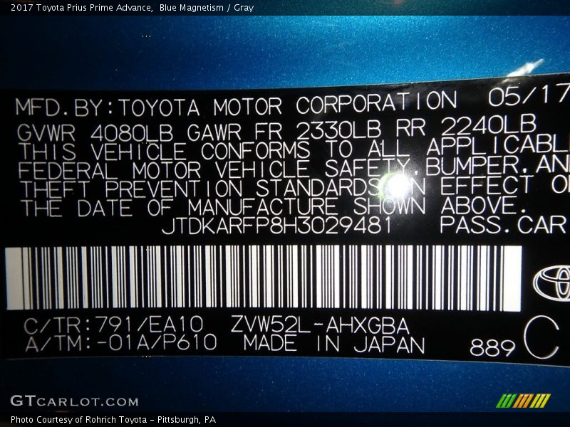 Blue Magnetism / Gray 2017 Toyota Prius Prime Advance