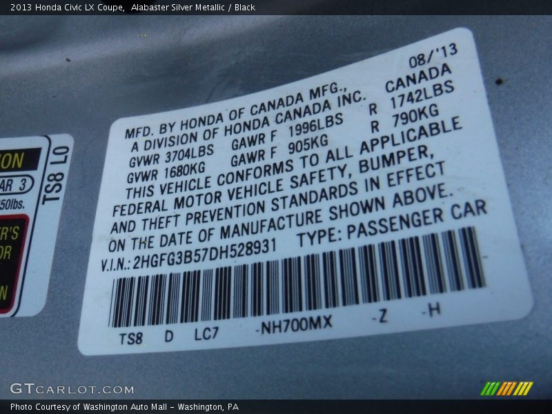 Alabaster Silver Metallic / Black 2013 Honda Civic LX Coupe