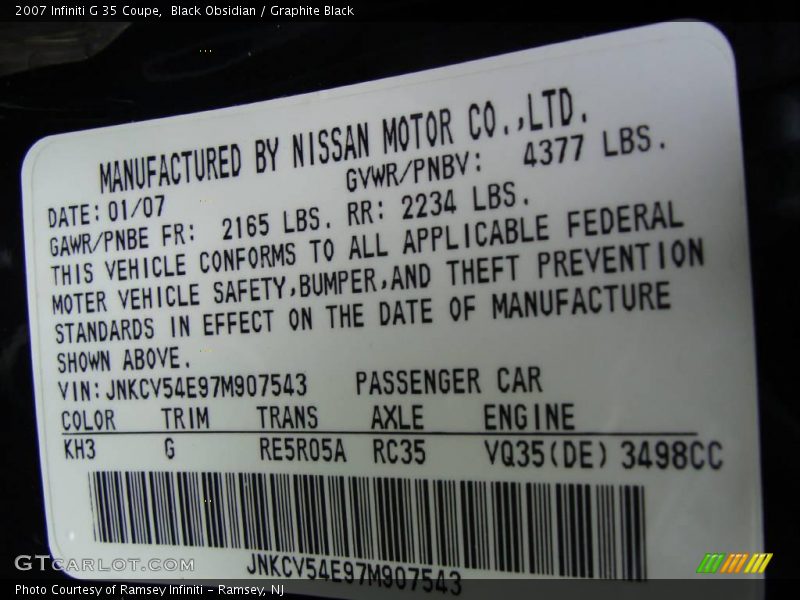 Black Obsidian / Graphite Black 2007 Infiniti G 35 Coupe