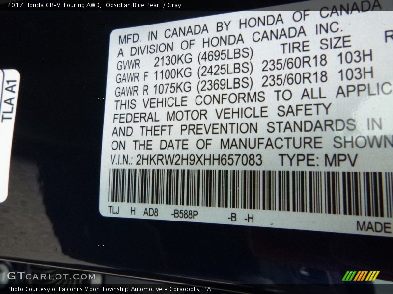 Obsidian Blue Pearl / Gray 2017 Honda CR-V Touring AWD