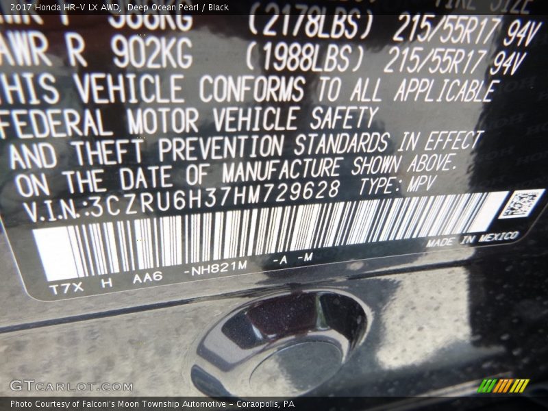 Deep Ocean Pearl / Black 2017 Honda HR-V LX AWD
