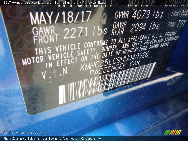 Electric Blue Metallic / Charcoal Black 2017 Hyundai Ioniq Hybrid Limited