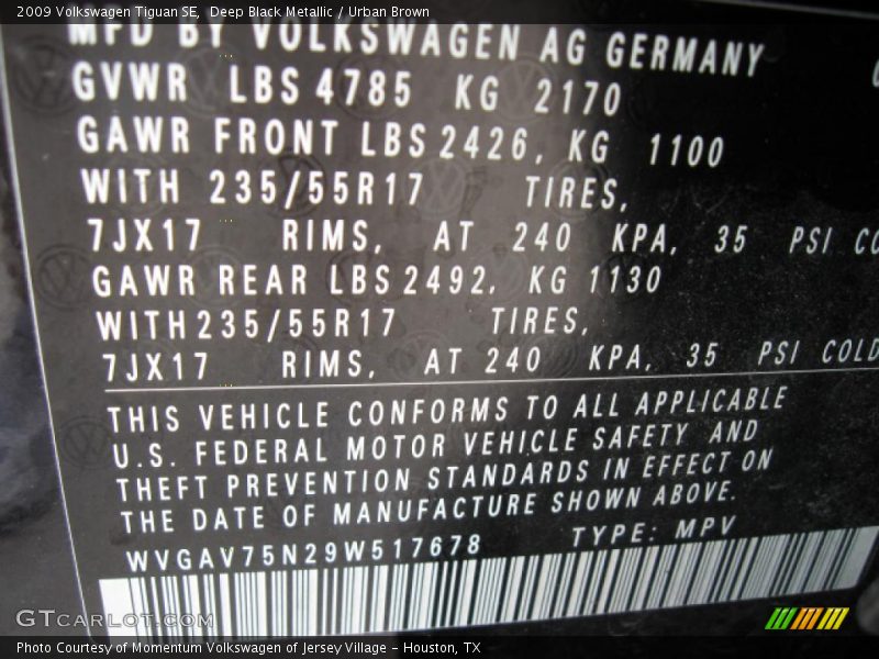 Deep Black Metallic / Urban Brown 2009 Volkswagen Tiguan SE