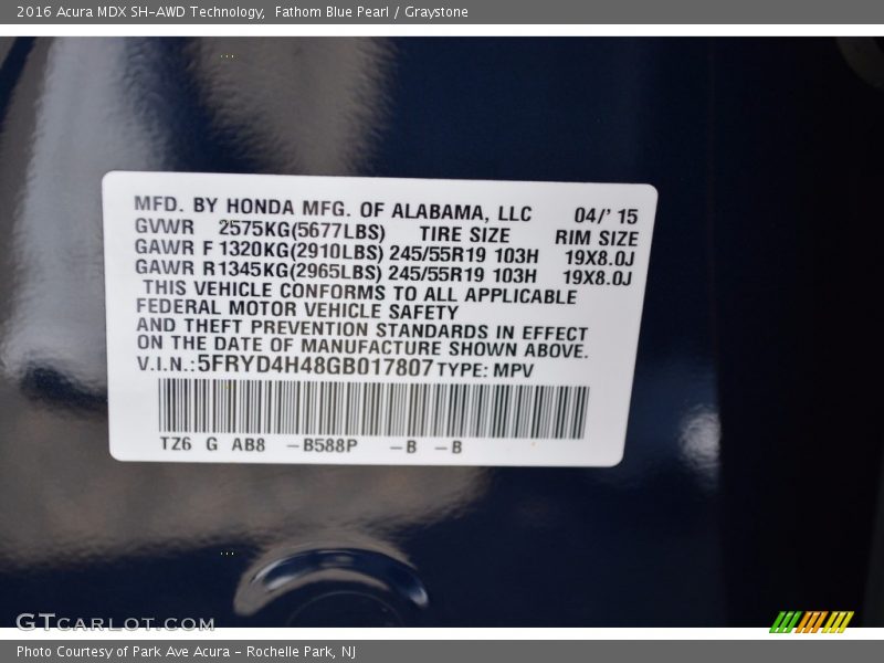 Fathom Blue Pearl / Graystone 2016 Acura MDX SH-AWD Technology
