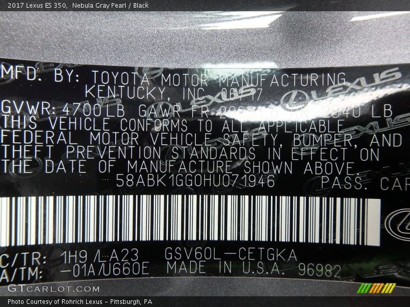 Nebula Gray Pearl / Black 2017 Lexus ES 350