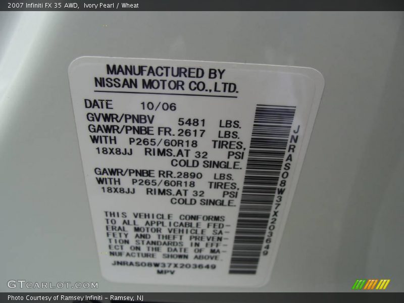 Ivory Pearl / Wheat 2007 Infiniti FX 35 AWD