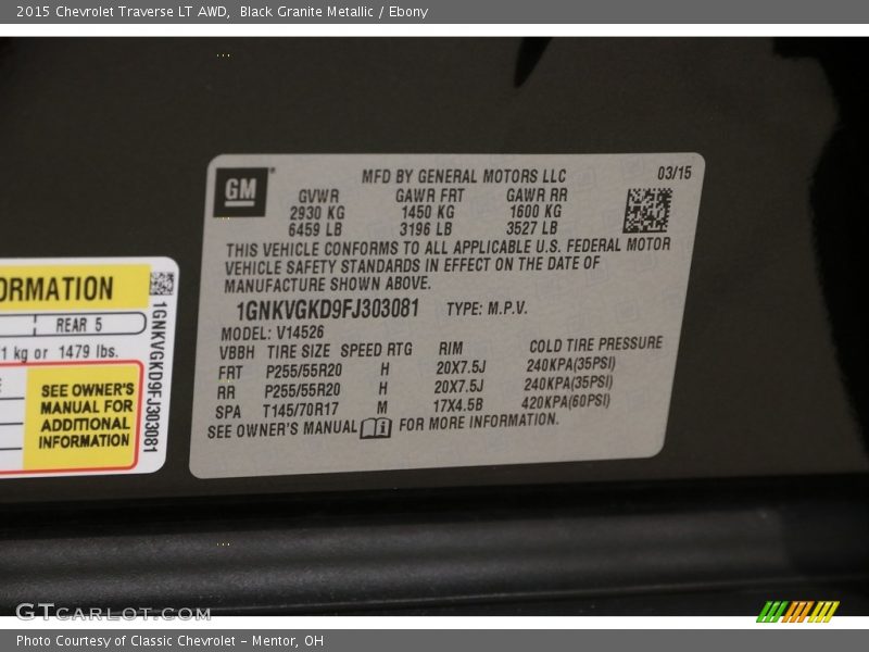 Black Granite Metallic / Ebony 2015 Chevrolet Traverse LT AWD