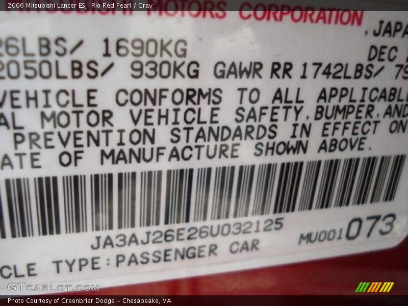 Rio Red Pearl / Gray 2006 Mitsubishi Lancer ES